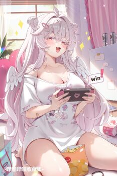 ! 1girl ahoge bag bandaid bandaid_on_arm bare_shoulders barefoot blush book breasts can charm_(object) chinese_commentary chips_(food) cleavage collarbone colored_eyelashes commentary_request curtains day detached_wings double_bun drink_can fang fingernails food hair_between_eyes hair_bun hair_intakes hair_ornament hairclip handheld_game_console heart heart-shaped_pillow highres holding holding_handheld_game_console iceeee12593357 indie_virtual_youtuber indoors juice_carton large_breasts light_particles long_fingernails long_hair looking_at_viewer meichan_(mingming) mini_wings nail_polish on_floor open_mouth paper paper_bag pillow pink_eyes pink_nails potato_chips print_shirt rug seiza shirt short_sleeves single_bare_shoulder sitting skin_fang smile solo sparkle speech_bubble thick_eyelashes thighs very_long_hair virtual_youtuber white_hair white_shirt white_wings window wings