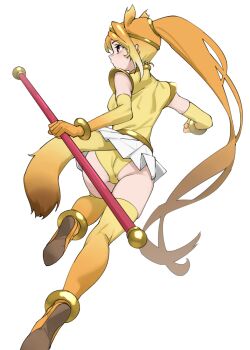 1girl animal_ears ass brown_eyes circlet commentary elbow_gloves extra_ears from_behind full_body gloves golden_snub-nosed_monkey_(kemono_friends) gradient_gloves gradient_thighhighs highres holding holding_staff kemono_friends leotard long_hair miniskirt monkey_ears monkey_tail orange_hair pleated_skirt ponytail simple_background skirt solo staff tail tanabe_(fueisei) thighhighs very_long_hair white_background white_skirt yellow_leotard