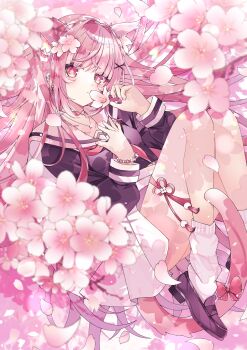 1girl animal_ear_fluff animal_ears aoi_yugina bead_bracelet beads black_shirt bow bracelet cat_ears cat_girl cat_tail cherry_blossoms choker commission flower hair_ornament highres holding jewelry long_hair long_sleeves looking_at_viewer neckerchief original petals pink_eyes pink_flower pink_hair pink_theme pleated_skirt sailor_collar school_uniform sensitive serafuku shirt shoes skirt socks solo tail tail_ornament very_long_hair white_sailor_collar white_skirt white_socks x_hair_ornament