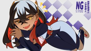 1girl :d ame_akira black_hair blue_jacket blue_pants blueberry_academy_school_uniform carmine_(pokemon) colored_inner_hair crossed_bangs full_body gloves hair_between_eyes hairband highres jacket long_hair looking_at_viewer mole mole_under_eye multicolored_hair nintendo open_mouth pants pokemon pokemon_sv red_gloves red_hair school_uniform single_glove smile solo two-tone_hair yellow_eyes yellow_hairband