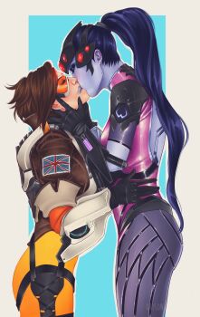 2girls bodysuit brown_hair closed_eyes colored_skin english_flag gloves goggles helmet highres jacket kiss lipstick_mark multiple_girls orange_bodysuit orisoni overwatch overwatch_1 ponytail purple_bodysuit purple_hair purple_skin short_hair tracer_(overwatch) widowmaker_(overwatch) yuri