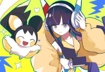 Rule 34 | 1girl, 1l6wpwihya38112, black hair, blue eyes, closed mouth, crop top, elesa (pokemon), emolga, gen 5 pokemon, headphones, heart, jacket, long sleeves, looking at viewer, nintendo, open clothes, open jacket, pokemon, pokemon (creature), pokemon bw2, short hair with long locks, smile, upper body, yellow jacket