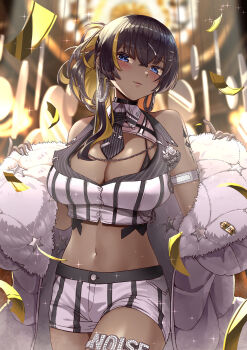 Rule 34 | 1girl, absurdres, bare shoulders, between breasts, black bra, black hair, black necktie, blonde hair, blue eyes, bra, bra peek, breasts, character name, cleavage, coat, colored inner hair, cowboy shot, dark-skinned female, dark skin, fur-trimmed coat, fur trim, goddess of victory: nikke, highres, horseshoe earrings, jewelry, koizumike, large breasts, looking at viewer, midriff, multicolored hair, navel, necktie, necktie between breasts, noise (classic diva) (nikke), noise (nikke), official alternate costume, open clothes, open coat, puffy coat, shirt, shorts, sleeveless, striped clothes, striped shorts, two-tone hair, underwear, vertical-striped clothes, vertical-striped necktie, vertical-striped shorts, white coat, white shirt