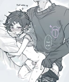 1boy 1girl age_difference aged_down andrew_graves ashley_graves black_collar black_hair black_sweater blush clothes_lift collar cum english_text finger_in_another's_mouth flat_chest hetero highres incest loli memi_005164 nipples panties penis pink_eyes sex shirt_lift short_hair sweat sweater the_coffin_of_andy_and_leyley underwear unworn_panties