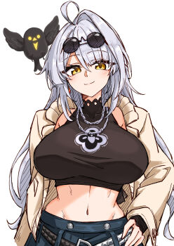 1girl absurdres ahoge alternate_costume bird black_bird black_shirt blue_pants blush breasts brown_jacket closed_mouth commentary_request crop_top eyewear_on_head hair_between_eyes hand_on_own_hip highres jacket large_breasts long_hair looking_at_viewer maiq06 midriff navel open_clothes pants round_eyewear shirt simple_background single_hair_intake smile solo sunglasses upper_body white_background white_hair yellow_eyes yixuan_(zenless_zone_zero) zenless_zone_zero