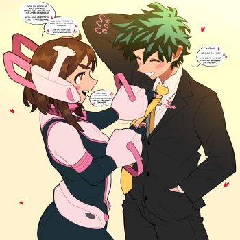 1boy 1girl arm_behind_head black_bodysuit blush bodysuit boku_no_hero_academia brown_eyes brown_hair closed_eyes formal_clothes green_hair hand_in_pocket headset heart highres loopvoid matching_hair/eyes midoriya_izuku multicolored_bodysuit necktie pink_bodysuit short_hair smile suit tying_necktie uraraka_ochako uraraka_ochako_(hero_outfit) white_bodysuit yellow_necktie