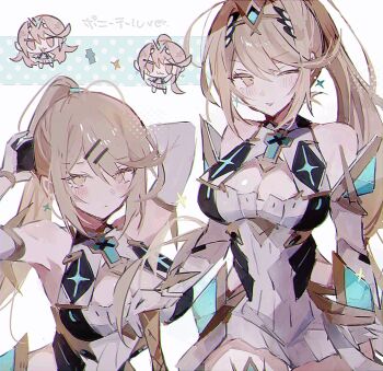 Rule 34 | 1girl, :3, absurdres, alternate hairstyle, ayametoru, bare shoulders, blonde hair, breasts, chest jewel, chibi, chibi inset, cleavage, cleavage cutout, clothing cutout, commentary request, core crystal (xenoblade), dress, earrings, gem, green gemstone, hair ornament, hairclip, highres, jewelry, large breasts, long hair, looking at viewer, multiple views, mythra (xenoblade), parallel hairclips, ponytail, short dress, sleeveless, sleeveless dress, tiara, translation request, tying hair, white background, white dress, xenoblade chronicles (series), xenoblade chronicles 2, yellow eyes