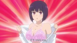 1boy 2girls animated anime_screenshot black_hair bouncing_breasts bra breasts brown_hair cleavage collarbone hachiouji_naoto hair_ornament hairclip highres ijiranaide_nagatoro-san large_breasts long_hair multiple_girls nagatoro_hayase open_clothes open_mouth open_shirt pink_bra red_background red_eyes school_uniform shirt sound subtitled sunomiya_hana tagme underwear undressing video white_shirt