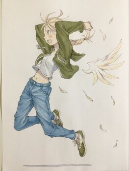 1girl arms_up black_eyes blonde_hair blue_pants braid commentary denim detached_wings drawstring falling_feathers feathered_wings feathers full_body green_jacket green_shoes highres hood hood_down hooded_jacket jacket jeans jumping midriff navel open_clothes open_jacket open_mouth original pants peter_salt shirt shoes short_hair single_braid single_wing smile solo traditional_media white_background white_feathers white_shirt white_wings wings zipper