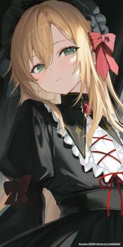 1boy absurdres artist_name black_dress blonde_hair bow crossdressing crossdressing_(mtf) dress english_text frilled_hairband frills gem gothic_lolita green_eyes hair_bow hairband highres juliet_sleeves lolita_fashion long_hair long_sleeves looking_at_viewer nijisanji pixiv_id puffy_sleeves red_bow red_gem sakurada_nana solo twitter_username uzuki_kou uzuki_kou_(4th_costume) virtual_youtuber
