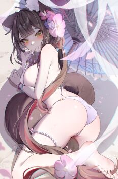 absurdres animal_ear_fluff animal_ears barefoot bead_bracelet beads bikini blue_archive bracelet chingo_(pixiv8584617) colored_inner_hair eyeshadow flower fox_ears fox_girl fox_tail hair_flower hair_ornament halo highres jewelry long_hair lying makeup mouth_hold multicolored_hair official_alternate_costume oil-paper_umbrella red_eyeshadow red_halo string_bikini swimsuit tail tail_flower tail_ornament thigh_strap toes umbrella wakamo_(blue_archive) wakamo_(swimsuit)_(blue_archive) white_bikini yellow_eyes