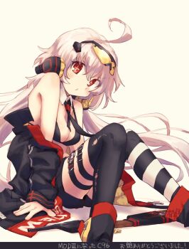 1girl :t ahoge arigatoner asymmetrical_legwear bare_shoulders bikini bikini_top_only black_bikini black_jacket black_necktie black_thighhighs breasts c96_(girls&#039;_frontline) c96_(mod3)_(girls&#039;_frontline) cleavage commentary_request detached_collar eyewear_on_head feet_out_of_frame girls&#039;_frontline gun handgun headphones highres jacket long_hair looking_at_viewer mauser_c96 medium_breasts mismatched_legwear mod3_(girls&#039;_frontline) necktie off_shoulder open_clothes open_jacket pout red_eyes simple_background sitting solo striped_clothes striped_thighhighs swimsuit symbol-shaped_pupils thighhighs tinted_eyewear translation_request weapon yellow-tinted_eyewear