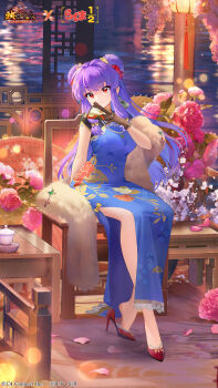 1girl brown_gloves character_name china_dress chinese_clothes closed_mouth commentary_request copyright_logo double_bun dress earrings eyeshadow feather_boa flower food gloves hair_bun hair_flower hair_ornament high_heels highres houchi_shoujo jewelry logo long_hair maid makeup noodles official_art pale_skin pink_flower purple_hair ramen ranma_1/2 red_eyes red_eyeshadow red_flower red_shoes shampoo_(ranma_1/2) shoes sitting smile split_mouth transparent_background very_long_hair
