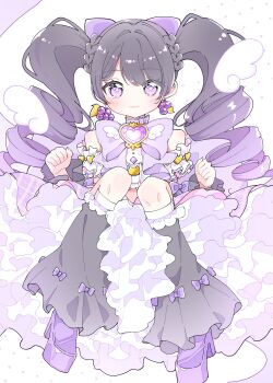 Rule 34 | 1girl, :3, absurdres, bare shoulders, black hair, black socks, blush, bow, bowtie, closed mouth, commentary request, frilled skirt, frills, full body, gradient hair, grape earrings, hair bow, highres, kam tuki, kneehighs, long hair, looking at viewer, multicolored hair, original, platform shoes, purple bow, purple bowtie, purple eyes, purple hair, purple shoes, purple skirt, shoes, simple background, skirt, smile, socks, solo, twintails, white background