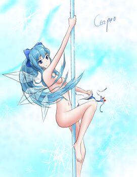Rule 34 | 1girl, aged up, alternate hair length, alternate hairstyle, barefoot, blue eyes, bow, bow panties, breasts, cirno, female focus, hair bow, hair ornament, hater (hatater), holding, holding unworn clothes, holding panties, holding underwear, holding unworn clothes, ice, ice crystal, ice wings, lace trim, long hair, nude, panties, pole, pole dancing, russian text, side-tie panties, signature, small breasts, smile, snowflakes, solo, strip tease, stripper, stripper pole, touhou, translated, underwear, unworn panties, very long hair, wings