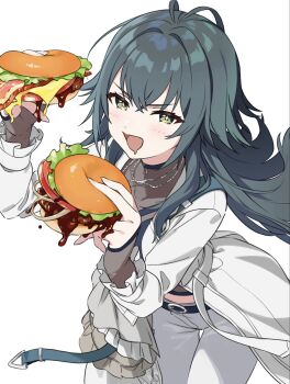 Rule 34 | 1girl, belt, black belt, blush, burger, commentary request, drooling, ezo egg, food, gakuen idolmaster, green eyes, highres, holding, holding food, idolmaster, jacket, looking at viewer, mouth drool, open mouth, pants, simple background, solo, sparkling eyes, tsukimura temari, white background, white jacket, white pants