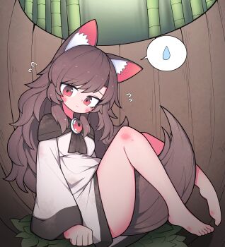 1girl absurdres animal_ears bamboo barefoot blush brooch brown_hair bruise bruise_on_face bruise_on_leg closed_mouth commentary dress flying_sweatdrops frown full_body gem hh highres imaizumi_kagerou injury jewelry legs long_hair long_sleeves looking_at_viewer red_eyes red_gem sad sitting solo speech_bubble spoken_sweatdrop sweatdrop swept_bangs tail tearing_up touhou white_dress wolf_girl wolf_tail