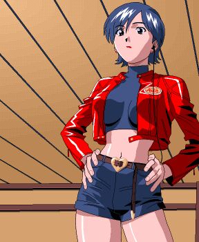 Rule 34 | 1girl, belt, black eyes, black hair, black shirt, black shorts, breasts, brown belt, closed mouth, commentary, cowboy shot, crop top, cropped jacket, cropped shirt, dithered background, dithering, earbuds, earphones, earrings, multiple expressions, flipped hair, from below, game cg, hands on own hips, heart belt, impossible clothes, impossible shirt, indoors, jacket, jewelry, large breasts, lipstick, long sleeves, looking ahead, makeup, midriff, miki (viper), name tag, navel, official art, okuda tamio, open clothes, open jacket, pc-98 (style), pixel art, red jacket, red lips, shirt, short hair, short shorts, shorts, solo, stud earrings, third-party source, turtleneck, viper (series), viper ctr, wooden ceiling