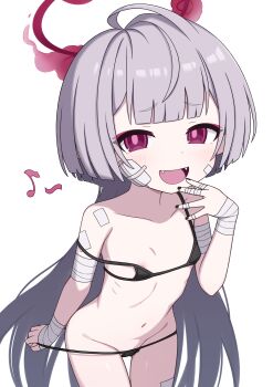 1girl absurdres ahoge bandaged_arm bandaged_fingers bandaged_wrist bandages bikini bikini_pull black_bikini black_nails blue_archive clothes_pull commentary cowboy_shot fangs gauze gauze_on_cheek grey_hair half-closed_eyes halo highres leaning_forward loli long_hair looking_at_viewer micro_bikini musical_note navel nipples open_mouth pink_eyes red_halo shuro_(blue_archive) simple_background smile solo swimsuit very_long_hair white_background zddma20