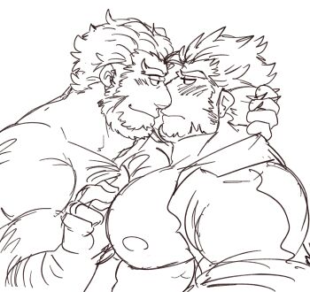 Rule 34 | 2boys, arm hair, bara, bare pectorals, beard, collared shirt, commentary, english commentary, eye contact, face-to-face, facial hair, fire emblem, fire emblem: the sacred stones, garcia (fire emblem), gilliam (fire emblem), highres, juggermelon, large pectorals, looking at another, male focus, monochrome, multiple boys, muscular, muscular male, nintendo, nipples, open clothes, open shirt, pectorals, shirt, short hair, sketch, yaoi