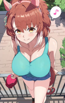 1girl absurdres against_railing animal_ears aqua_tank_top arm_support blush breasts brown_eyes brown_hair brown_tail cleavage closed_mouth collarbone commentary_request dantsu_flame_(umamusume) denim denim_shorts ear_covers from_above grey_shorts hairband hat highres holding holding_unworn_clothes holding_unworn_hat horse_ears horse_girl horse_tail large_breasts looking_at_viewer medium_hair multicolored_hair musical_note pink_hairband railing red_hat shorts solo spoken_musical_note streaked_hair tail take978733141 tank_top thighs umamusume unworn_hat unworn_headwear white_streaks