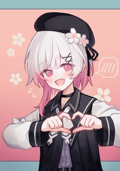 1girl :d absurdres black_choker black_hat black_jacket choker fang flower four-finger_heart_hands gradient_hair hair_flower hair_ornament hat heart heart_hands highres hizikata398 jacket long_hair long_sleeves looking_at_viewer mahou_shoujo_no_majo_saiban multicolored_hair open_mouth pink_eyes pink_hair sakuraba_ema skin_fang smile solo speech_bubble spoken_blush two-tone_hair upper_body white_hair x_hair_ornament