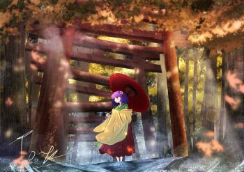 Rule 34 | 1girl, autumn leaves, forest, green eyes, haori, hieda no akyuu, highres, holding, holding umbrella, japanese clothes, kimono, leaf, nature, outdoors, purple hair, red skirt, red umbrella, short hair, skirt, solo, tooya0130, torii, touhou, umbrella, yellow haori
