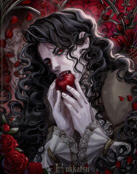 1boy absurdres apple artist_name black_hair curly_hair donovan_(fukkatsu_sumi) eating fangs flower food fruit fukkatsu_sumi highres holding holding_food holding_fruit long_hair looking_at_viewer original red_eyes red_flower red_rose rose solo upper_body vampire