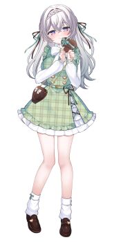 Rule 34 | 1girl, absurdres, bag, black ribbon, blue pupils, blush, box, braid, breasts, brown shoes, closed mouth, commentary request, dress, firefly (honkai: star rail), full body, green dress, grey hair, hair ribbon, handbag, heart-shaped box, highres, holding, holding box, honkai: star rail, honkai (series), long hair, loose socks, oguraponti, plaid clothes, plaid dress, purple eyes, ribbon, shoes, socks, solo, white socks
