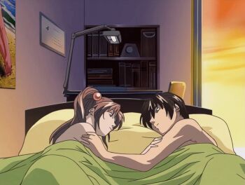 00s 1boy 1girl 2003 aftersex animated animated_gif bed bed_sheet bedroom bible_black bible_black_night_of_the_walpulgiss breasts brown_hair desk desk_lamp getting_up hair_ornament imari_kurumi lamp large_breasts long_hair minase_taki nipples nude pillow ponytail side_ponytail tagme