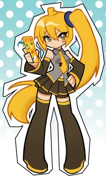 1girl :&lt; absurdres akita_neru angry antenna_hair bare_shoulders bike_shorts bike_shorts_under_skirt black_boots black_skirt blonde_hair blush_stickers boots bright_pupils cellphone cellphone_charm charm_(object) collared_shirt detached_sleeves flip_phone grey_shirt hair_between_eyes hair_ornament halftone hand_on_own_hip hatsune_miku highres holding holding_phone long_hair looking_at_viewer midriff_peek navel necktie phone pleated_skirt polka_dot polka_dot_background satokocel shirt side_ponytail skirt solo sticker tie_clip v-shaped_eyebrows vocaloid white_pupils yellow_eyes yellow_necktie