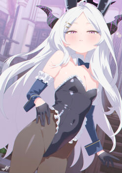 1girl absurdres ahoge animal_ears bare_shoulders black_bow black_bowtie black_gloves black_leotard blue_archive blush bow bowtie breasts cleavage commentary_request covered_navel demon_girl demon_horns detached_collar detached_sleeves fake_animal_ears frilled_leotard frilled_sleeves frills gloves hair_ornament hairclip halo highleg highleg_leotard highres hina_(blue_archive) horns indoors kurozawa_yui leotard long_hair looking_at_viewer open_mouth pantyhose parted_bangs playboy_bunny purple_eyes rabbit_ears small_breasts solo strapless strapless_leotard very_long_hair white_hair wrist_cuffs