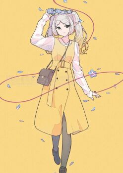 1girl artist_name bag black_boots black_pantyhose blue_flower blue_petals boots breasts brown_background center_opening closed_mouth commentary_request dress earrings elf falling_petals flower foot_out_of_frame frieren full_body green_eyes grey_hair head_wreath jewelry light_smile long_hair norikoi pantyhose parted_bangs petals pointy_ears see-through_clothes see-through_shirt shirt shirt_under_dress shoulder_bag small_breasts solo sousou_no_frieren string string_of_fate twintails white_shirt yellow_background yellow_dress