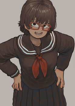 1girl black_sailor_collar black_shirt black_skirt brown_eyes brown_hair chanta_(ayatakaoisii) check_copyright collarbone copyright_request fang glasses hands_on_own_hips highres long_sleeves neckerchief open_mouth original pleated_skirt red-framed_eyewear red_neckerchief sailor_collar school_uniform serafuku shirt short_hair skirt solo teeth upper_body white_trim