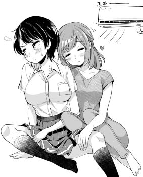 2girls =_= air_conditioner barefoot blush breast_pocket breasts collared_shirt commentary_request greyscale half_updo hand_on_another&#039;s_shoulder hand_on_another&#039;s_thigh hinoharaf_(14310486) kneehighs large_breasts looking_to_the_side medium_hair monochrome multiple_girls original pants parted_bangs parted_lips pleated_skirt pocket school_uniform shirt shirt_tucked_in short_hair short_sleeves sitting skirt socks spread_legs sweat swept_bangs triangle_mouth turning_head v-shaped_eyebrows very_short_hair wing_collar yuri