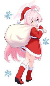 1girl :d absurdres ahoge alternate_costume belt black_belt blue_archive blue_eyes blush boots christmas coat double-parted_bangs dress from_behind full_body fur-trimmed_boots fur-trimmed_coat fur-trimmed_dress fur-trimmed_headwear fur-trimmed_sleeves fur_trim gloves hair_between_eyes hair_flaps halo hand_up hat heel_up heterochromia highres holding holding_sack hoshino_(blue_archive) long_hair long_sleeves looking_at_viewer looking_back noiriririri open_mouth pink_hair pink_halo pom_pom_hat_ornament raised_eyebrows red_boots red_coat red_dress red_gloves sack sack_behind_back santa_costume santa_dress santa_hat simple_background smile snowflake_background solo very_long_hair white_background yellow_eyes