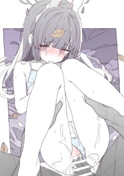 1boy 1girl animal_ears bar_censor blue_archive blush censored clothing_aside cum halo hetero highres leaf loli long_hair miyu_(blue_archive) osanai_sanday panties panties_aside penis red_eyes sex underwear vaginal
