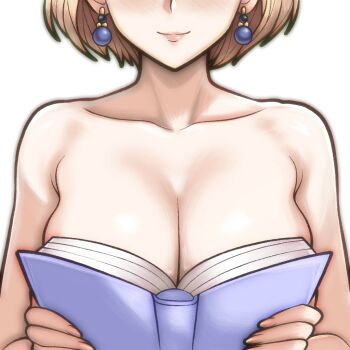 1girl blonde_hair boobs_in_book_(meme) book breast_focus breasts cleavage closed_mouth collarbone commentary covering_breasts covering_privates earrings english_commentary fingernails fire_emblem fire_emblem:_three_houses holding holding_book jewelry large_breasts lips meme mercedes_von_martritz mercedes_von_martritz_(timeskip) nintendo nude pink_lips pink_nails rotomdocs short_hair simple_background smile solo upper_body white_background