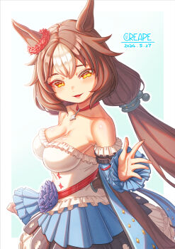 1girl animal_ears bare_shoulders blue_dress blue_sleeves blush breasts brown_eyes brown_hair choker cleavage collarbone commentary_request creape detached_sleeves dress ear_ornament ear_scrunchie flower hair_between_eyes hair_ornament highres horse_ears horse_girl horse_tail large_breasts long_hair looking_at_viewer low_twintails multicolored_hair open_mouth pendant_choker red_choker red_scrunchie scrunchie smile solo strapless strapless_dress tail twintails umamusume white_dress white_hair yamanin_zephyr_(fluttertail_spirit)_(umamusume) yamanin_zephyr_(umamusume)