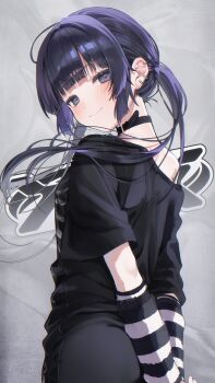 Rule 34 | 1girl, absurdres, arm warmers, black choker, black hair, black shirt, blunt bangs, blush, choker, closed mouth, commentary, cowboy shot, ear piercing, earrings, floating hair, from behind, grey background, grey eyes, highres, jewelry, long hair, long shirt, looking at viewer, looking back, mafuchu v, munkki (vrchat), off-shoulder shirt, off shoulder, piercing, print shirt, purple hair, shirt, sidelocks, single bare shoulder, smile, solo, twintails, untranslatable commentary, vrchat