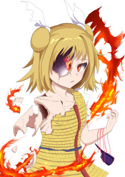 Rule 34 | 1girl, absurdres, armor, armored dress, blonde hair, bow, bowtie, commentary request, cracked skin, double bun, dress, fire, guminemi, hair bun, hair ribbon, highres, joutouguu mayumi, looking at viewer, open mouth, orange eyes, puffy short sleeves, puffy sleeves, regeneration, ribbon, short sleeves, simple background, solo, touhou, white ribbon, yellow armor, yellow dress