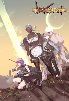 Rule 34 | 3girls, absurdres, agohige x, ahoge, animal ears, apron, beak thing, belt, black dress, black pants, blue cape, boots, bow, braid, brown belt, brown footwear, cape, character request, closed mouth, commentary request, cookie (touhou), copyright name, crossover, dark-skinned female, dark skin, dog, dorasiro (cookie), dress, dutch angle, full body, green bow, green shirt, grey hair, hair bow, hat, highres, hisaka (cookie), holding, izayoi sakuya, kenshi, lens flare, light rays, looking to the side, maid apron, maid headdress, mob cap, mouse ears, multiple girls, muscular, muscular female, nazrin, outdoors, pants, pink headwear, purple hair, red eyes, remilia scarlet, sakura (cookie), shirt, short hair, squatting, standing, sunbeam, sunlight, torn cape, torn clothes, touhou, twin braids, very dark skin, white apron