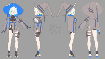 1girl absurdres ahoge alternate_hairstyle aqua_streaks arm_pouch black_shorts blair_labri blonde_hair blue_streaks breasts enkyo_yuuichirou glasses gloves hat highres indie_virtual_youtuber large_breasts looking_at_viewer multicolored_hair pouch reference_sheet shorts sideboob_cutout simple_background skindentation smile solo streaked_hair thigh_pouch thighs virtual_youtuber witch_hat yellow_eyes