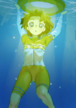Rule 34 | 1girl, :o, air bubble, arms up, blush, brown hair, bubble, buoy, cameltoe, commentary, ei (eikun), english commentary, green eyes, ichinose minori, long sleeves, looking at viewer, multicolored swimsuit, ocean, one-piece swimsuit, open mouth, precure, short hair, shorts, skin tight, swimsuit, tropical-rouge! precure, underwater, water, white one-piece swimsuit, yellow one-piece swimsuit