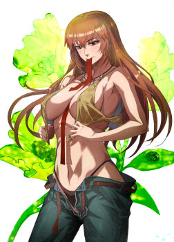 1girl belt black_panties blush breasts brown_eyes cleavage denim highres jewelry joy_(shenmue) large_breasts long_hair looking_at_viewer miyo navel necklace necktie nipples open_clothes orange_hair panties sega shenmue shenmue_ii shenmue_the_animation shiny_skin sideboob sidelocks thong underwear unzipped v-string white_background