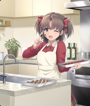 1girl ;d apron blush bottle bow breasts brooch brown_eyes brown_hair cabinet candy champagne_flute chocolate chocolate_heart chocolate_icing chocolate_on_face chocolate_on_hand cooking_pot cup dot_nose dress drinking_glass food food_on_face food_on_hand game_cg gem hair_bow hand_up heart heart-shaped_food heart_brooch holding holding_tray icing inami_suu index_finger_raised jewelry kitchen long_sleeves looking_at_viewer medium_breasts official_art one_eye_closed open_mouth oven parted_bangs plant potted_plant red_bow red_dress red_gemstone shelf short_twintails sink smile solo third-party_source toji_no_miko toji_no_miko:_kizamishi_issen_no_tomoshibi tray twintails valentine wall_shelf white_apron