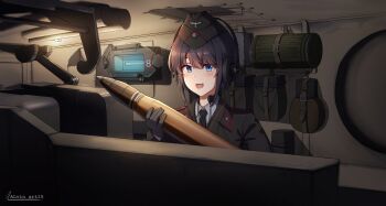 Rule 34 | 1girl, alvin art15, artillery shell, black hair, black jacket, black necktie, blue eyes, gloves, hat, highres, holding, indoors, jacket, military hat, military uniform, military vehicle, motor vehicle, necktie, open mouth, original, shirt, short hair, tank, twitter username, white shirt