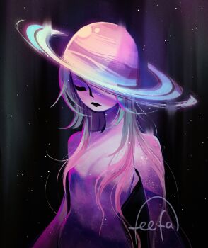 Rule 34 | 1girl, aqua hair, black lips, closed eyes, closed mouth, colored skin, feefal, gradient hair, highres, lipstick, long hair, makeup, multicolored hair, original, personification, pink hair, pink skin, procreate (medium), saturn (planet), solo, upper body