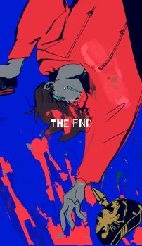 Rule 34 | 1boy, absurdres, animification, antenna hair, arm up, bandage on cheek, blood, blue background, brown hair, clenched teeth, combat helmet, commentary request, drawstring, eddsworld, english text, episode title, fewer digits, hair behind ear, hair ears, helmet, highres, hood, hood down, hoodie, long sleeves, male focus, momo (pixiv 87453443), pickelhaube, reaching, red eyes, red hoodie, short hair, simple background, solo, sweat, teeth, tord (eddsworld), unworn headwear, upside-down