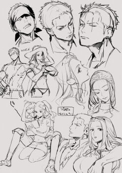 1boy 1girl bandana book commentary earrings greyscale h0h0ti hat highres holding holding_book indian_style jewelry long_hair looking_at_viewer monochrome multiple_views nico_robin one_piece roronoa_zoro scar scar_across_eye scar_on_face short_hair sideburns sitting stitched_leg stitched_torso stitches v-shaped_eyebrows